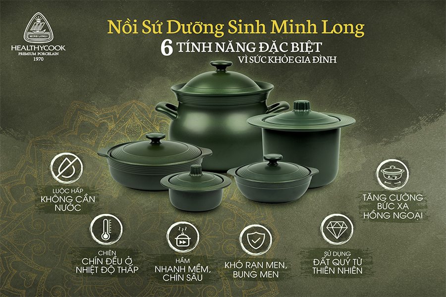 Bộ 3 Nồi Dưỡng Sinh Hai Quai + Vỉ Lót Minh Long Healthycook - Xanh Rêu (1.1L-1.9L-2.6L)