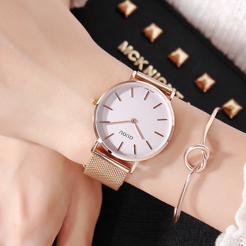 Đồng hồ nữ Guou dây thép lụa vàng hồng sang trọng JS-G6003S