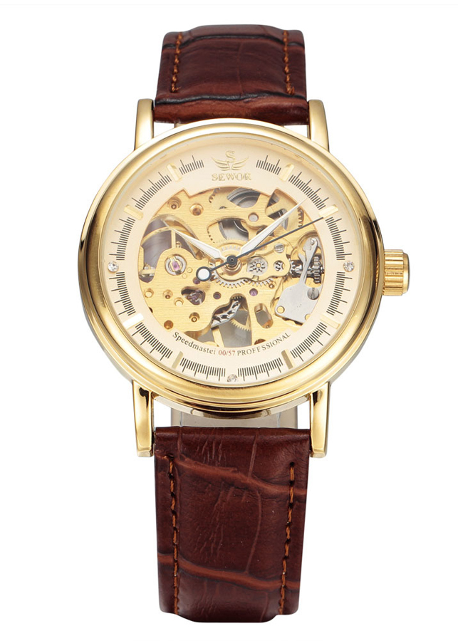 Đồng hồ cơ nam SEWOR dây da lộ máy mặt trước - mặt sau JS-SQ30